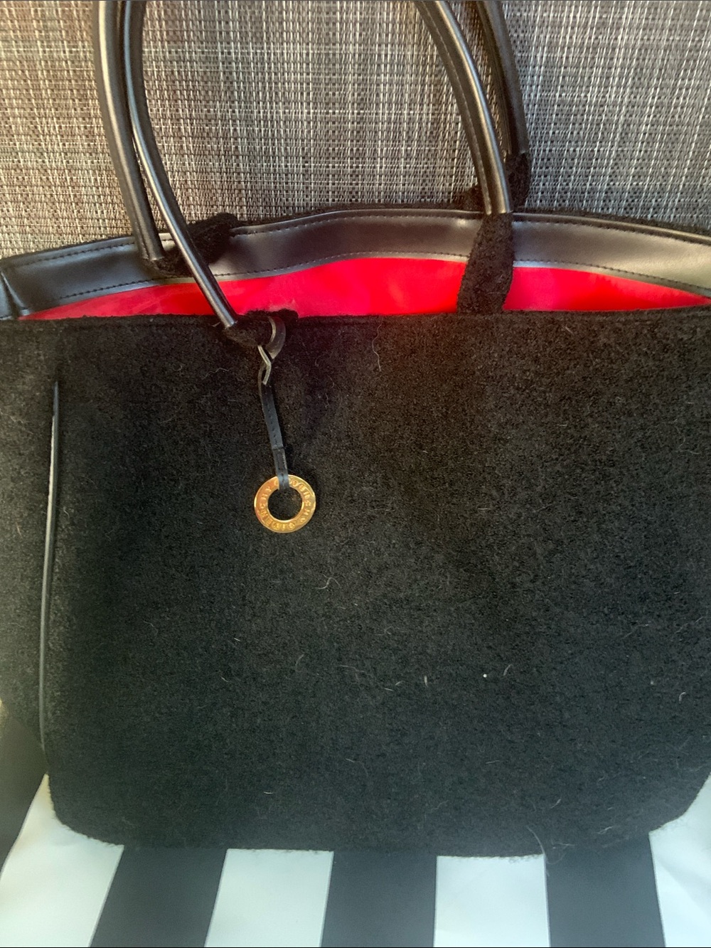 Givenchy Black Felt Tote with Red Interior and Gold Charm